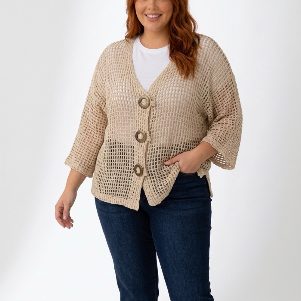 Karen Hart Frazzle open-weave beige button front cardigan